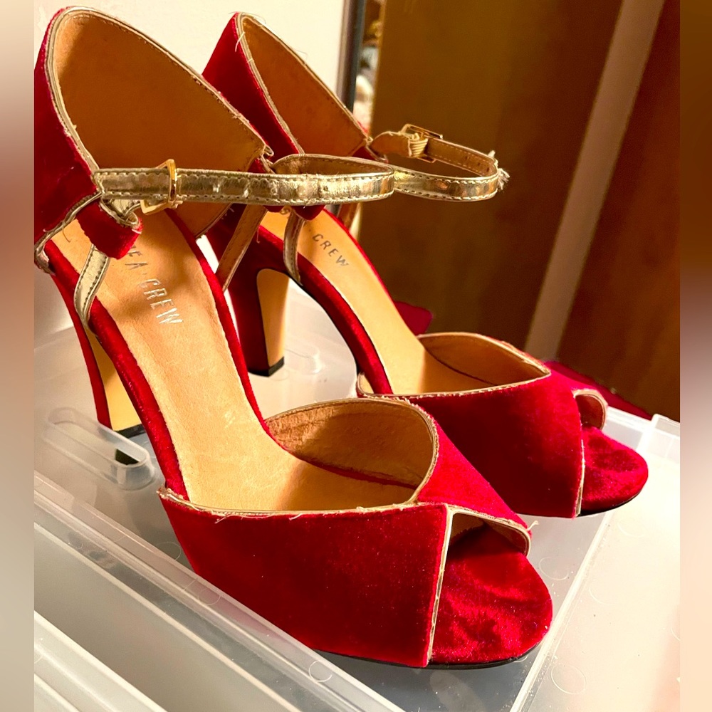 Velvet Red Peep Toe Heels